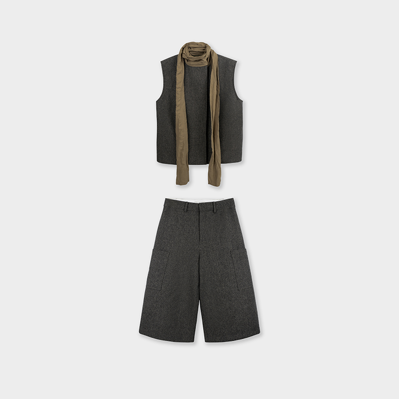 Miss couleur绵羊毛设计感围巾马甲宽松百搭七分裤套装MC031&032