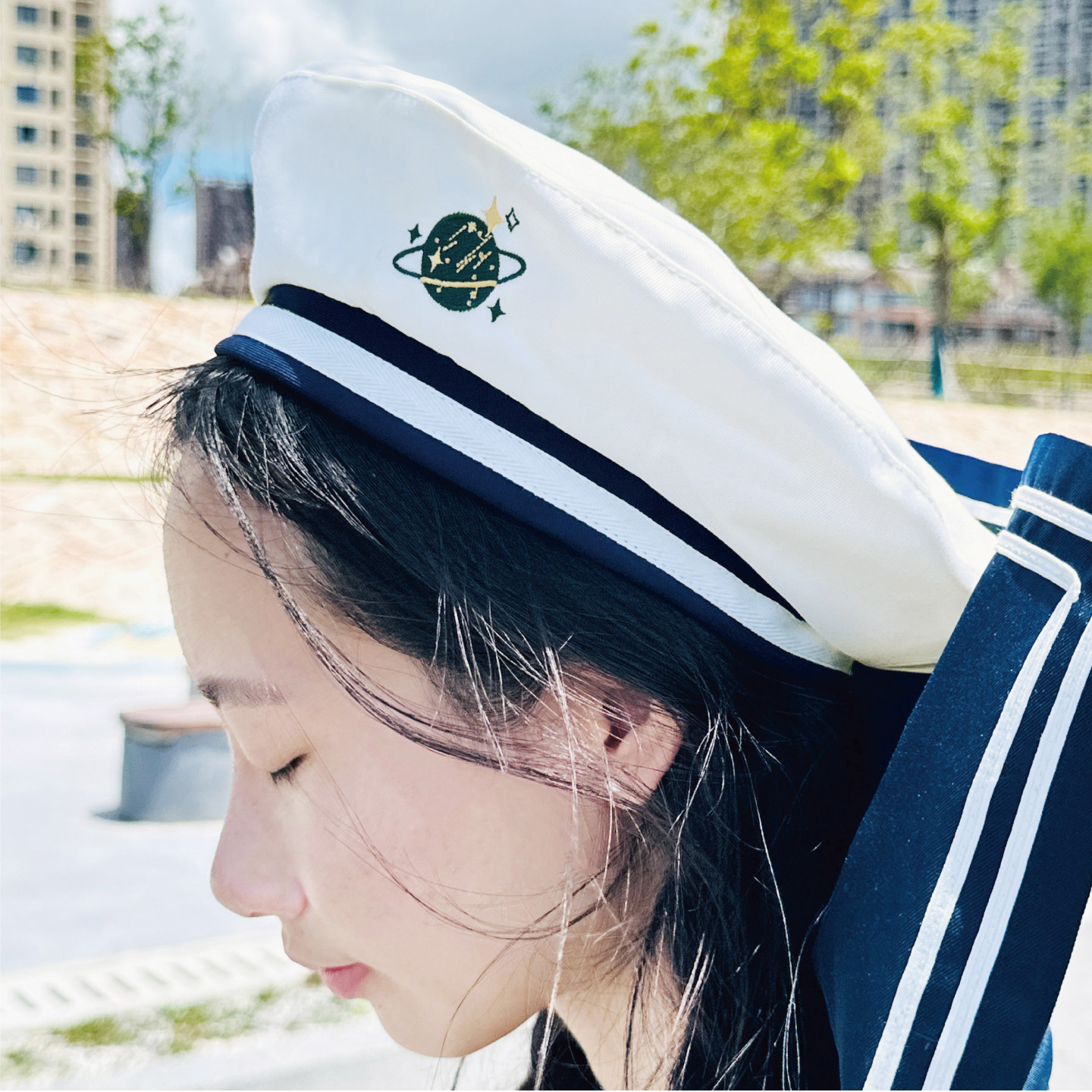 青物社 jk dk搭配水手服刺绣藏青条纹白色贝雷帽海军八角帽