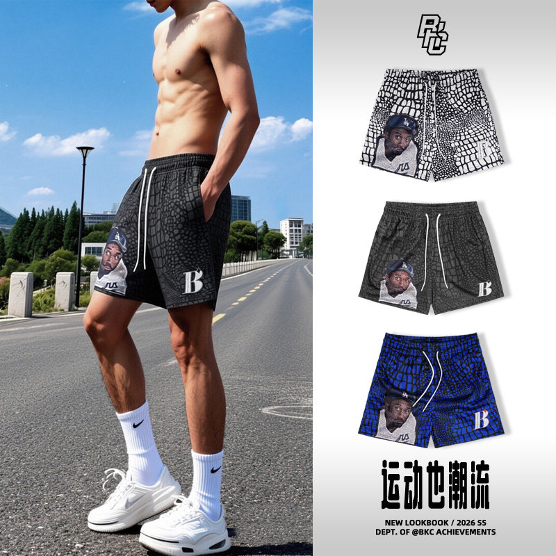 科比人像美式篮球裤四分裤男宽松透气不过膝三分跑步健身运动短裤