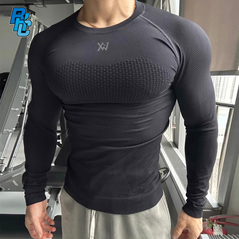 破冰正品联名无缝提花圆领紧身长袖男弹力打底透气速干运动健身衣,运动服/休闲服装,运动T恤,淘宝优惠券,粉丝福利购,淘宝优惠卷