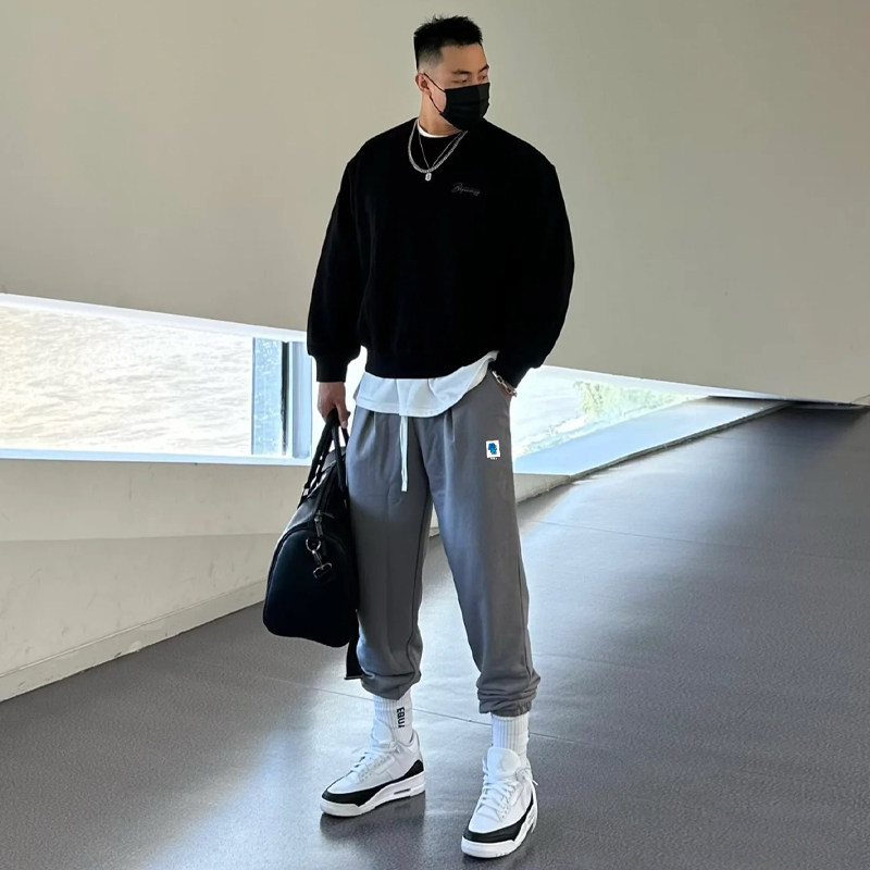 破冰春夏季运动卫裤男宽松透气收口直筒裤传志美式篮球训练长裤子