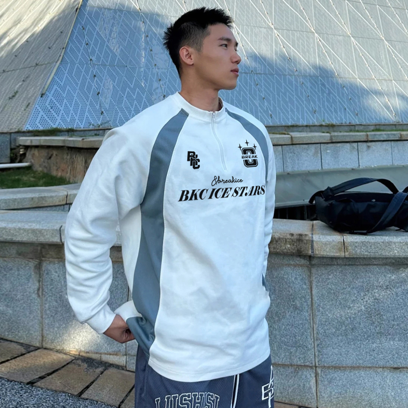 bkcxzice美式复古足球服男圆领拉链篮球训练服长袖体育生运动t恤