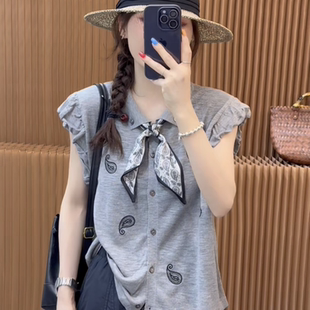 女翻領絲巾洋氣小衫 歐洲站2025夏季 減齡碎花冰絲針織開衫 時尚 新款