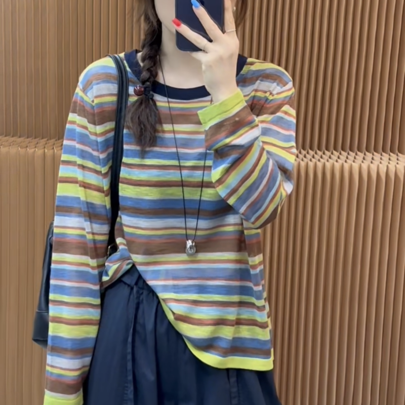 欧洲站2025年夏季新款时尚彩虹条防晒冰丝针织衫女圆领长袖上衣潮