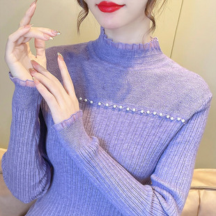 显瘦内搭上衣针织打底衫 厂家直销蕾丝半高领毛衣女春修身 通勤风