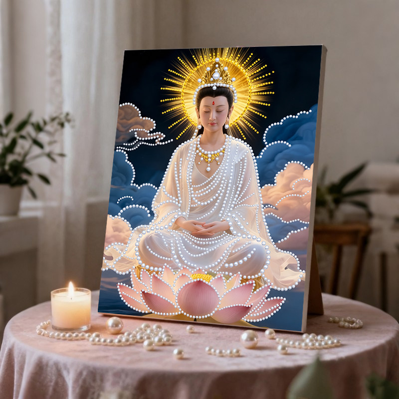 中式观音菩萨珍珠画手工DIY数字油画珍珠钻石装饰画布全套材料包