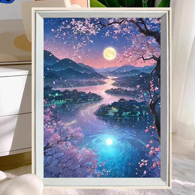 钻石画钻石绣河流弯弯樱花月亮