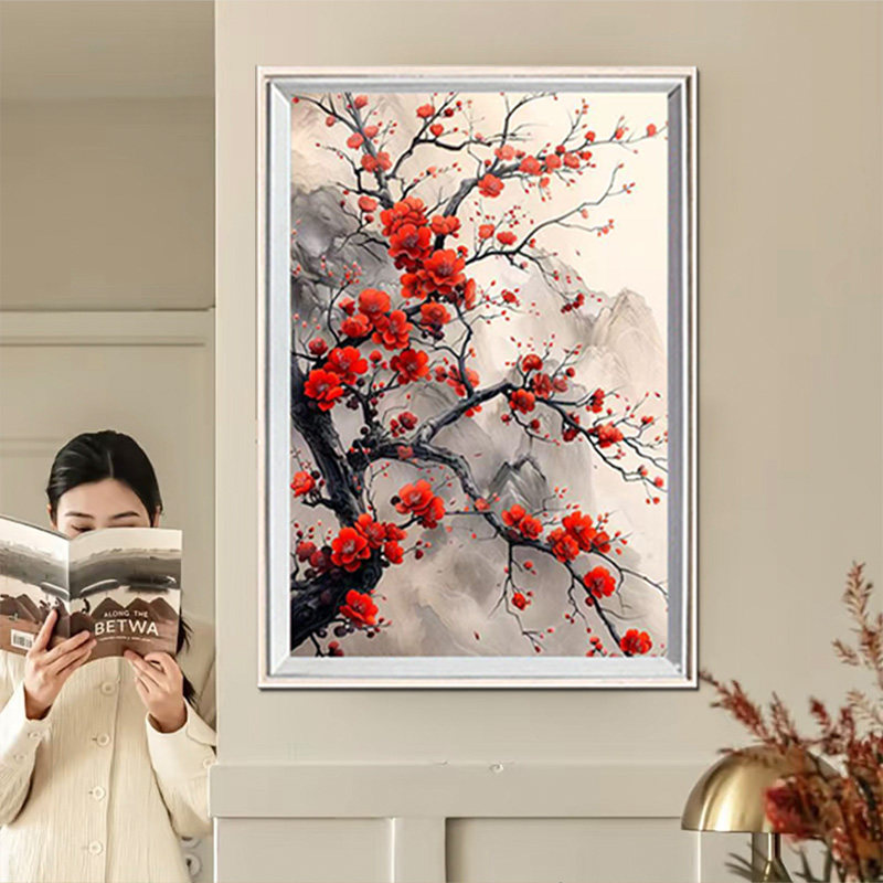 中国风红梅花钻石画2026新款风景手工diy材料贴砖带框客厅装饰画