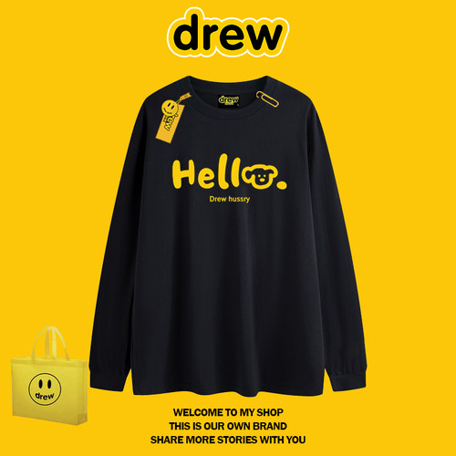 DREW美式字母长袖情侣T恤黑色