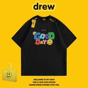 DREW HUSSRY 可爱音符字母男女同款百搭印花短袖t恤情侣装上衣