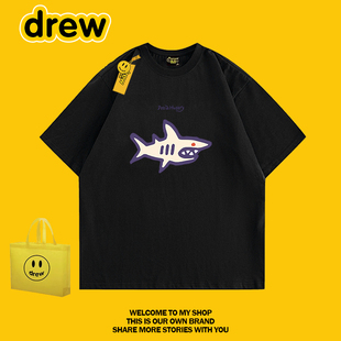 Drew 美式潮牌呲牙鲨鱼印花短袖纯棉T恤男女宽松百搭情侣同款
