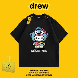 t恤男女夏季 DREW 潮牌HelloKitty印花短袖 美式 街头情侣 HUSSRY