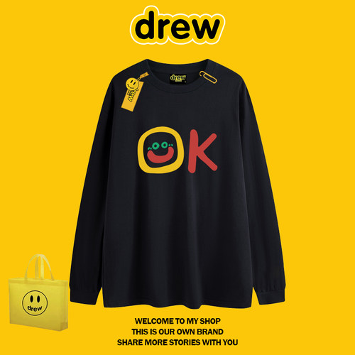 drew复古OK字母长袖T恤男女