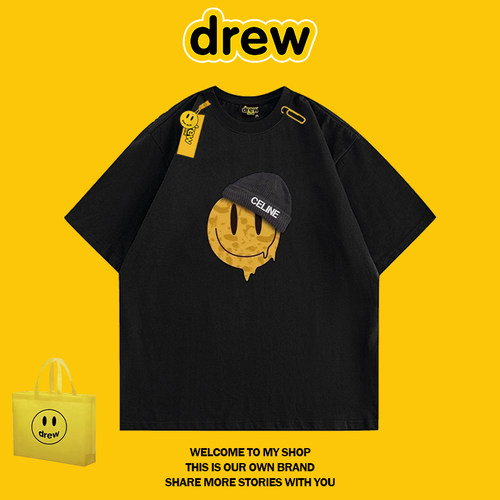 DREW HUSSRY 可爱黑帽笑脸时尚男女情侣装宽松百搭五分袖短袖t恤