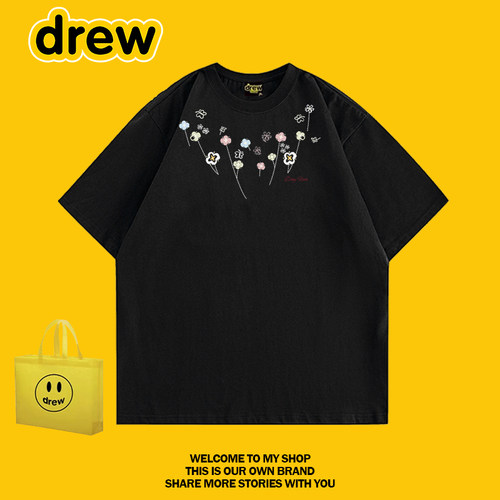 drew黑色花朵纯棉短袖T恤女