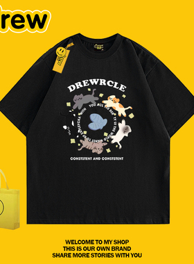 drew 潮牌卡通可爱猫咪印花短袖纯棉T恤男女宽松情侣纯棉上衣黑色