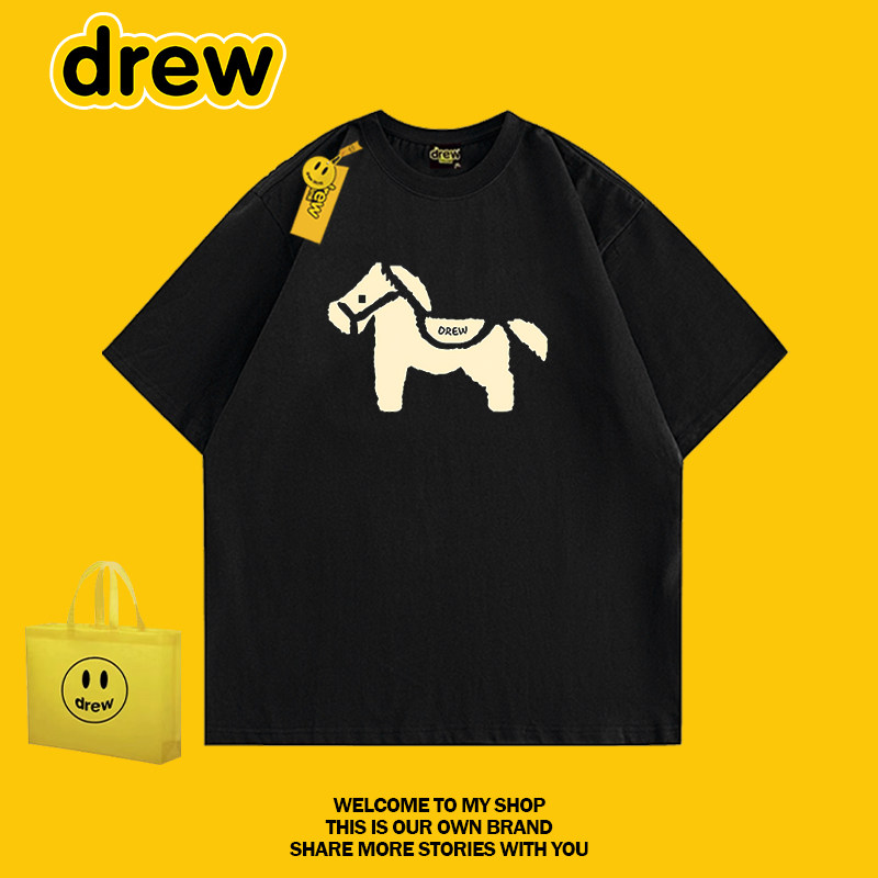 drew美式潮牌马印花短袖纯棉T恤男女宽松休闲情侣上衣黑色