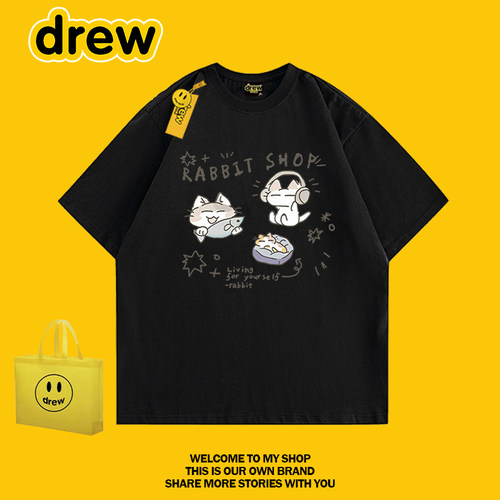 drew日系小猫咪纯棉宽松短袖T恤