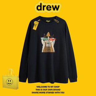 DREW美式潮牌卡通猫咪印花打底衫春秋纯棉长袖T恤男女百搭上衣ins