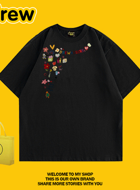 drew 美式时尚卡通涂鸦印花重磅纯棉短袖T恤男女高街宽松情侣黑色