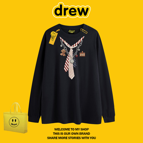 drew潮牌领带印花宽松长袖T恤