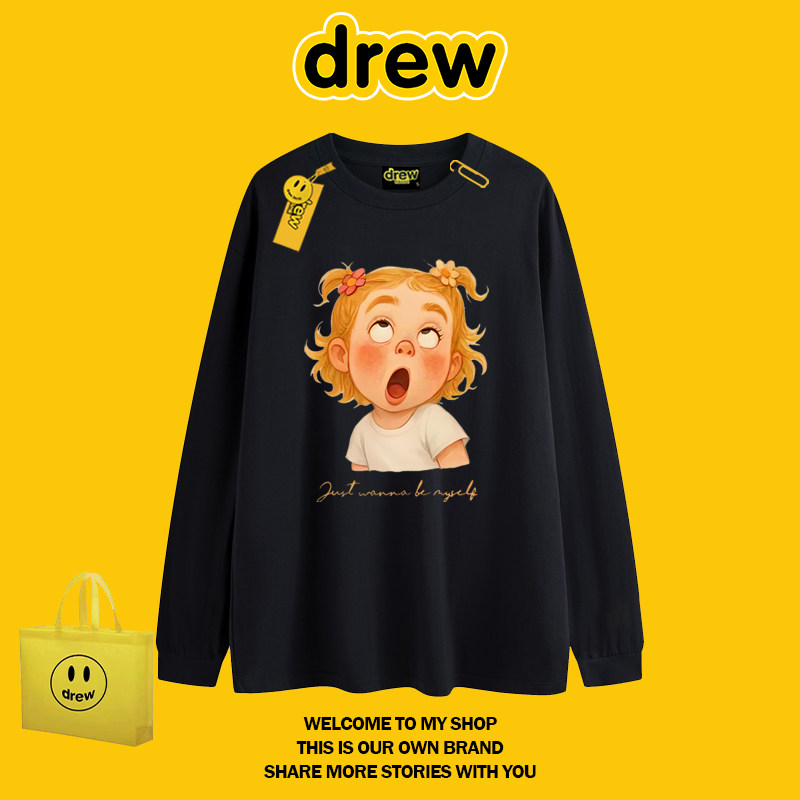 drew潮牌卡通印花宽松长袖T恤图片