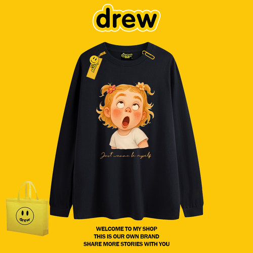 drew潮牌卡通印花宽松长袖T恤
