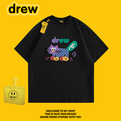 drew卡通猫咪印花宽松短袖T恤