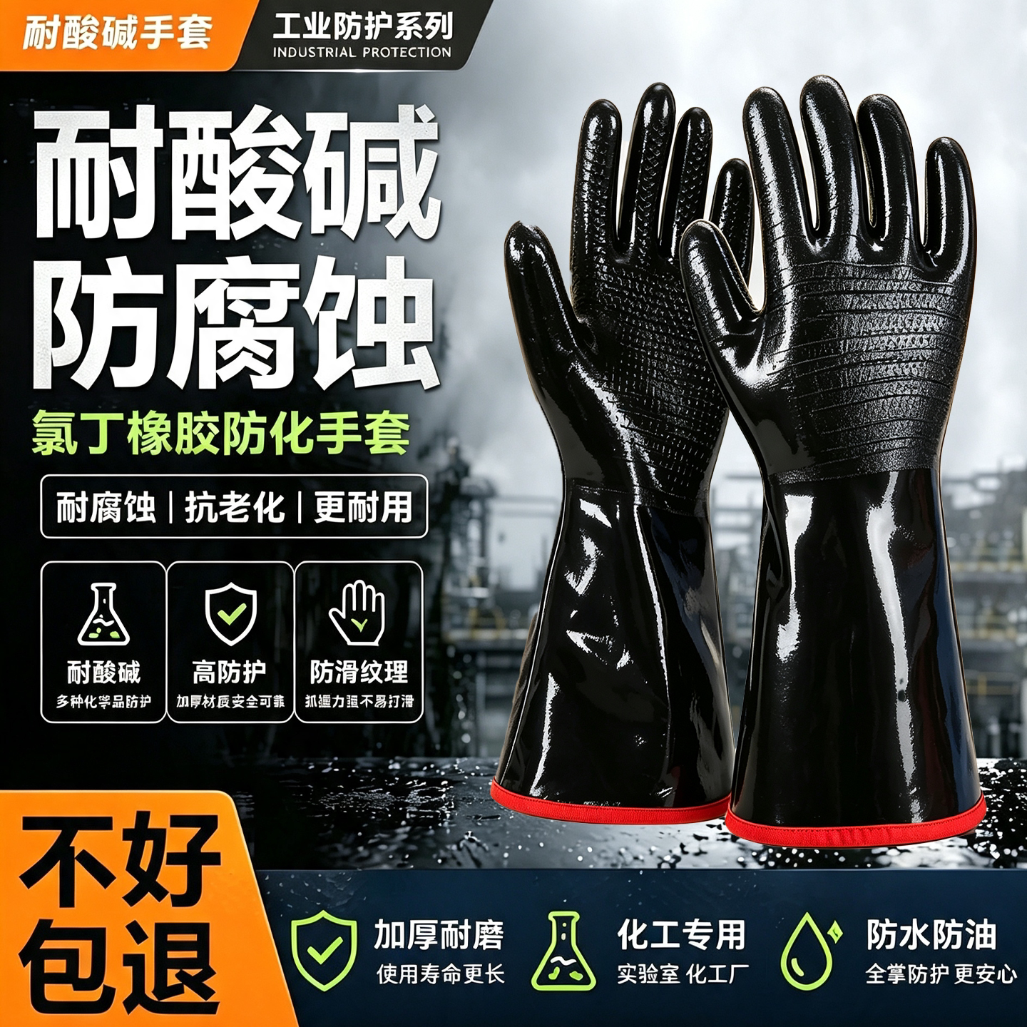 防腐蚀耐酸碱手套氯丁橡胶工业加厚劳保耐用耐磨工作专用防化手套