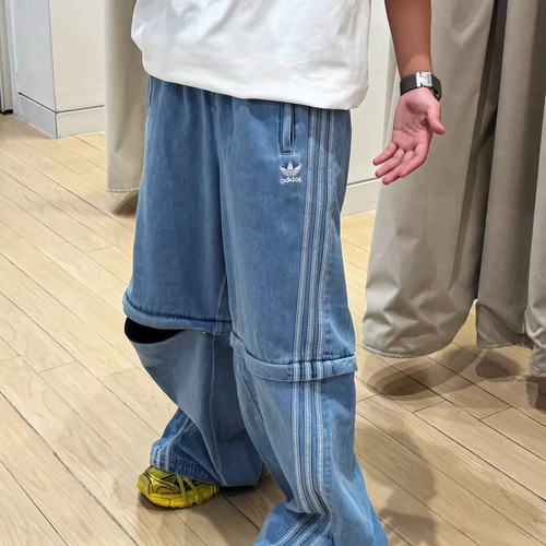 Adidas阿迪达斯三叶草男女款运动休闲可拆卸宽松牛仔阔腿裤KB6415