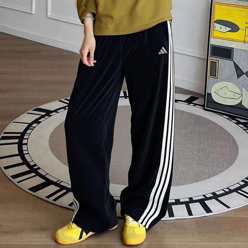 Adidas阿迪达斯加厚裤子女冬季新款丝绒长裤直筒裤保暖美式运动裤