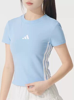 Adidas阿迪达斯短袖女士T恤2026新款蓝色修身运动半袖体恤JE1241