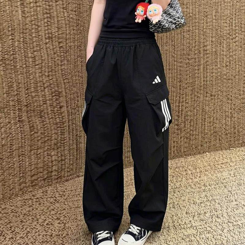 阿迪达斯裤子女运动裤秋新款直筒宽松阔腿伞兵针织美式复古工装裤