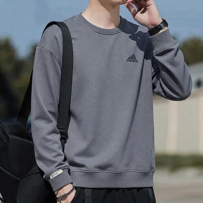 阿迪达斯圆领卫衣男新款宽松落肩袖简约纯色休闲套头衫灰色上衣
