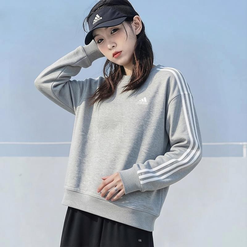 阿迪达斯灰色卫衣女秋季三条纹复古防风针织保暖运动美式纯棉上衣