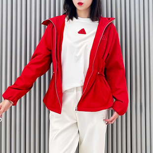 Adidas阿迪达斯外套女款红色本命年加绒保暖防风收腰连帽夹克上衣