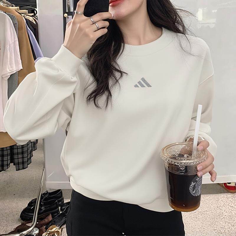 阿迪达斯卫衣女装新款运动服加厚防风圆领上衣纯色宽松休闲套头衫
