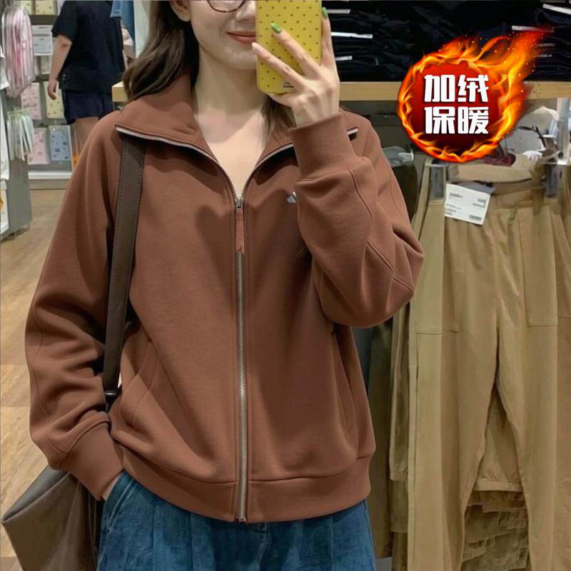 阿迪达斯加绒棕色外套女秋季新款保暖加厚运动服宽松美式复古开衫