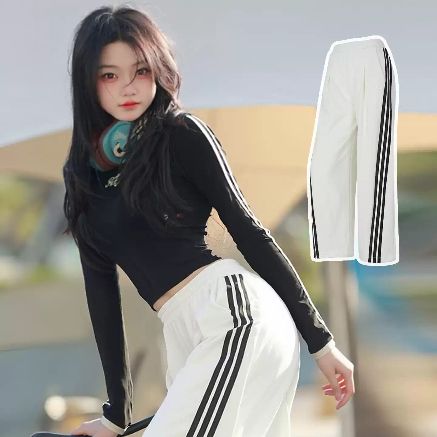 Adidas阿迪达斯女裤白色直筒裤拖地裤2026春新款运动休闲针织长裤