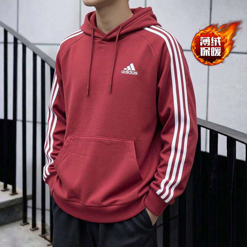 Adidas阿迪达斯加绒卫衣男秋季酒红宽松复古套头运动服篮球连帽衫