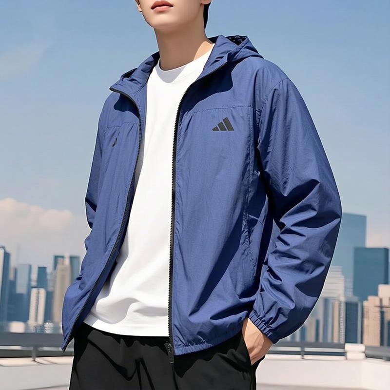 阿迪达斯男防风外套新款纯色简约速干运动服宽松蓝色梭织连帽夹克