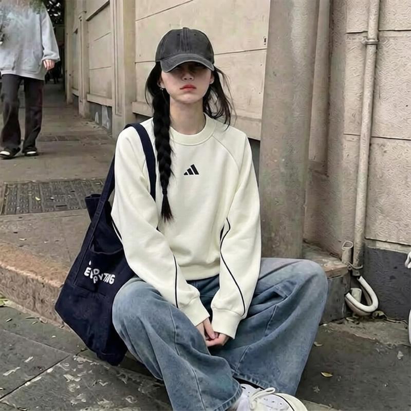 阿迪达斯短款卫衣女秋季新款宽松打底衫运动白色外套韩版复古上衣