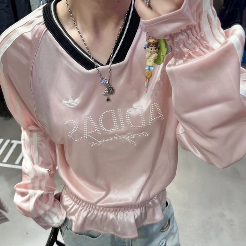 阿迪达斯三叶草女V领收腰长袖T恤