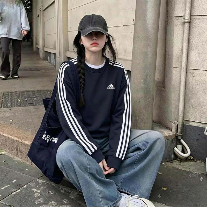 阿迪达斯卫衣女秋季三条纹复古韩版打底衫运动服纯棉套头衫IC8766