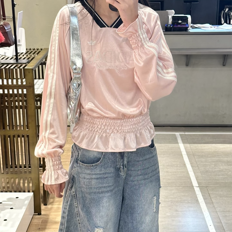 阿迪达斯三叶草女V领收腰长袖T恤
