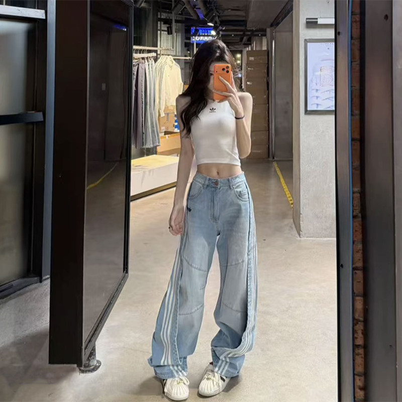 Adidas阿迪达斯三叶草女子经典三条纹宽松阔腿裤运动牛仔裤KY5188