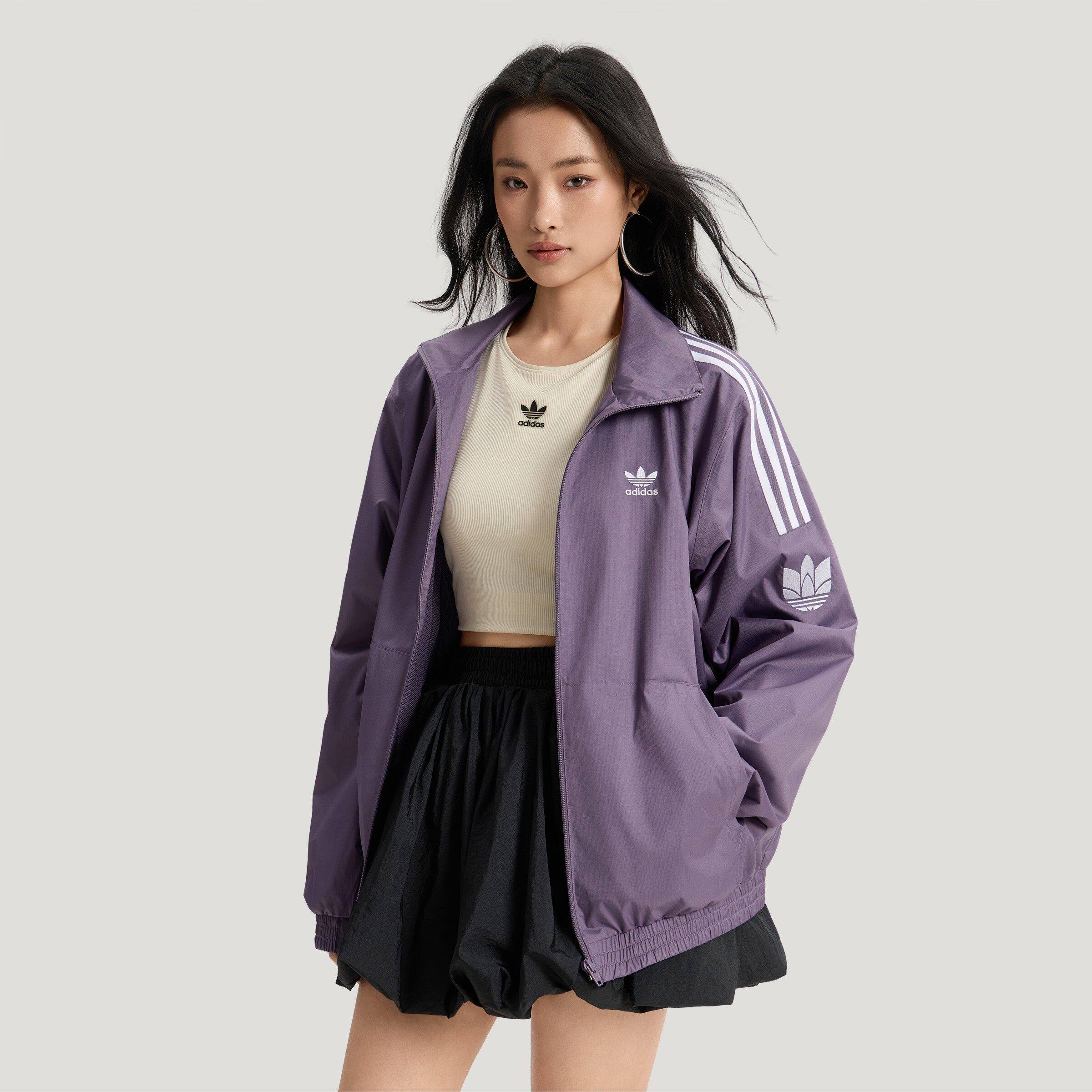阿迪达斯三叶草经典三条纹外套秋季男女款紫色时尚防风运动夹克