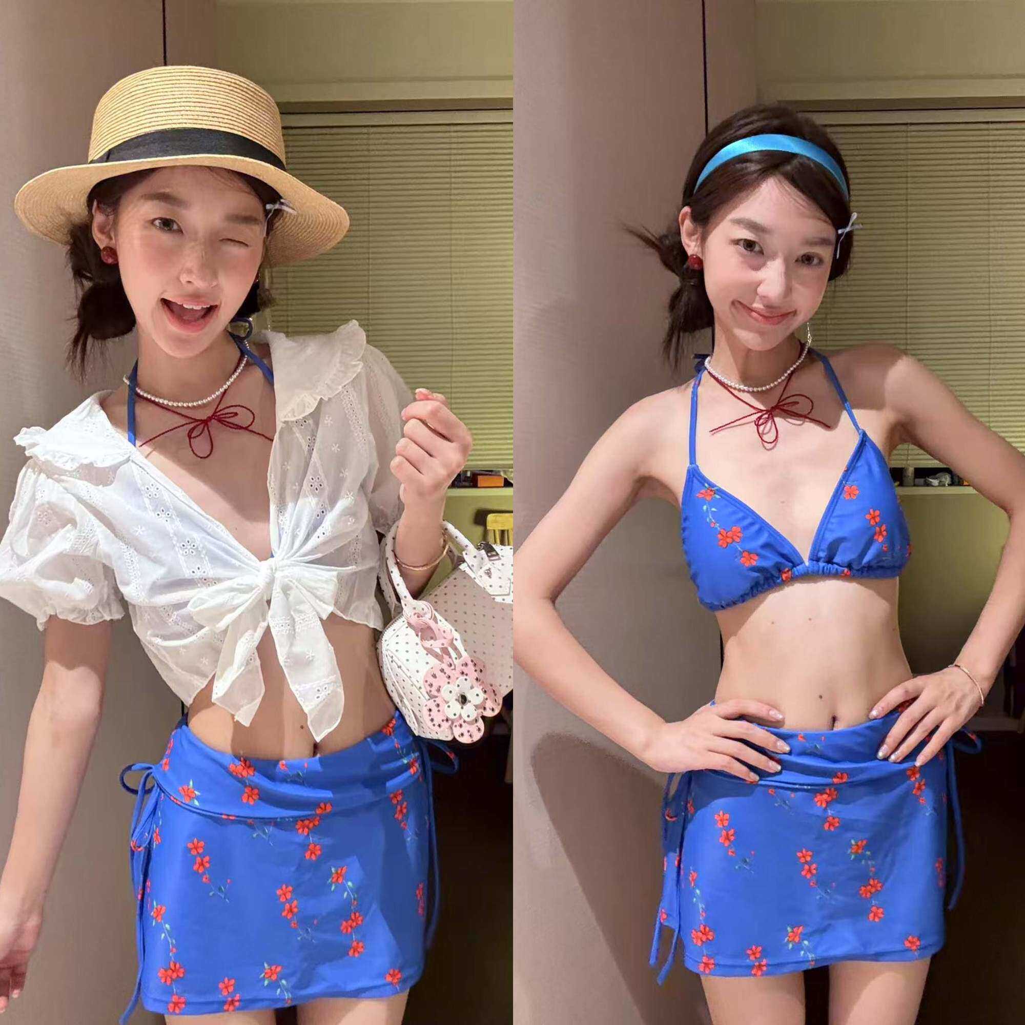 纯欲风甜美法式分体裙式比基尼泳衣长袖罩衫防晒保守泡温泉四件套