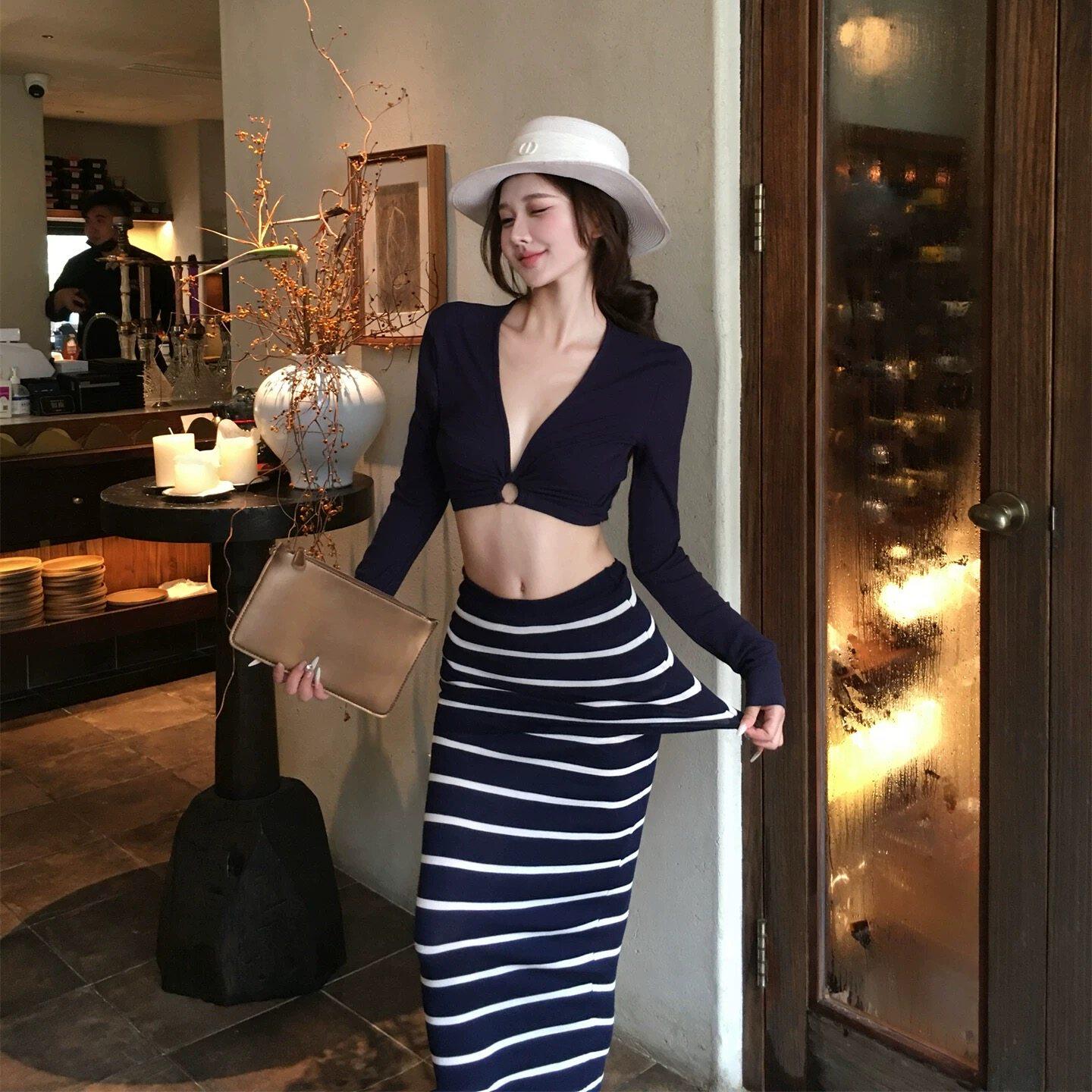 泳衣女分体辣妹藏蓝条纹长裙比基尼三件套温泉海边性感纯欲风度假