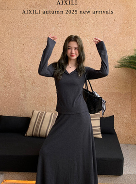 AIXILI爱西里韩版百搭休闲翻领刺绣V领上衣显瘦长裙套装裙女15269